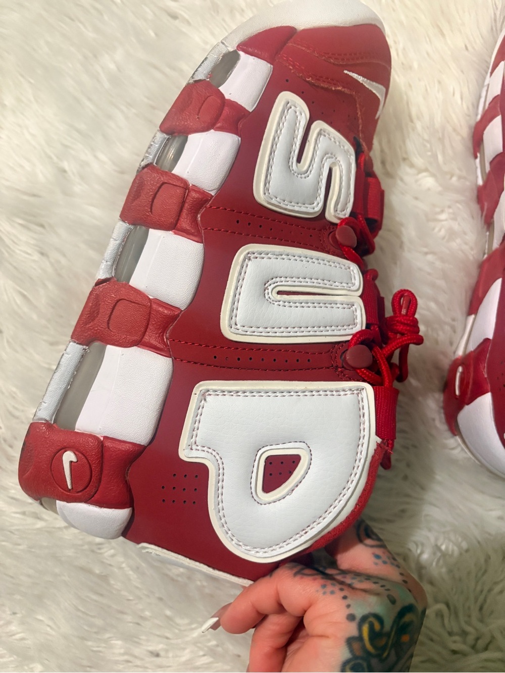 Nike Red and White Air More Uptempo Sneakers